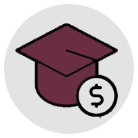 Graduation cap with dollar sign in coin in front of cap icon